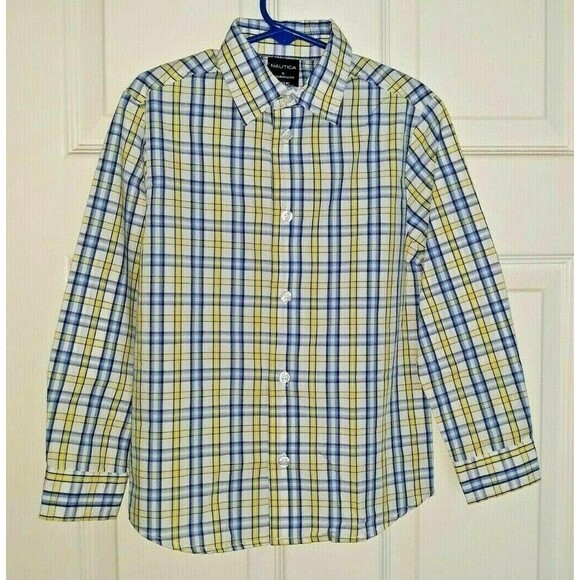 Nautica Yellow White & Blue Plaid Boys Size 6 Button Down Shirt - Picture 1 of 3